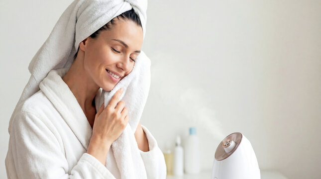Woman using electric face steamer at home in bathroom wearing bathrobe