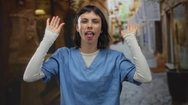Woman nurse in blue scrubs sticks out tongue and raises hands on a sunlit cobbled street; defiance.