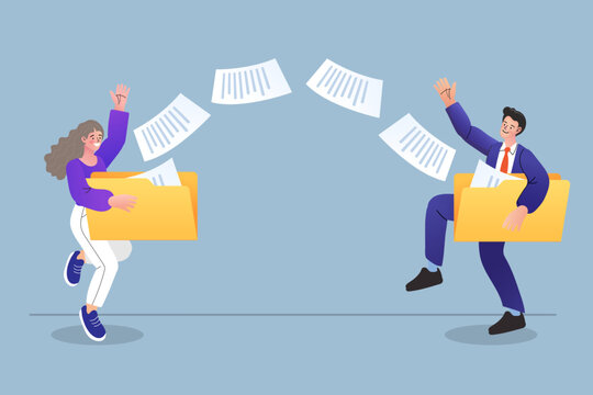 Data transfer and document management are showcased by a business team organizing files between folders. This illustration represents efficient data sharing, cloud storage workflow, and a central hub.