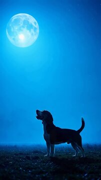 Beagle dog silhouetted against a bright full moon on a foggy night