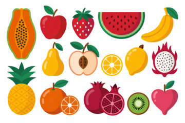Large collection of colorful fresh ripe fruits healthy eating and organic food variety isolated on transparent background