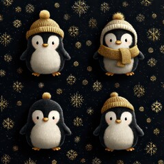 Cute cartoon penguins with winter accessories on festive background