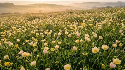 Fototapeta premium Golden Meadow of Buttercups at Sunrise