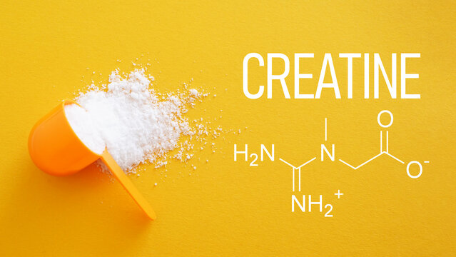 Creatine Powder Supplement with Chemical Structure Formula on Yellow Background, Sports Nutrition for Strength Training, Muscle Energy, Fitness Performance and Athletic Recovery