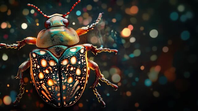 The captures a close-up view of a beetle with iridescent colors, showcasing its intricate beauty against an artistic background.