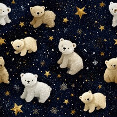 Cute Bear Pattern on Dark Night Sky with Stars and Snowflakes