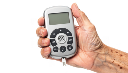 Elderly patient holding a talking glucometer with large buttons isolated on white background emphasizing accessibility and ease of use for visually impaired seniors.