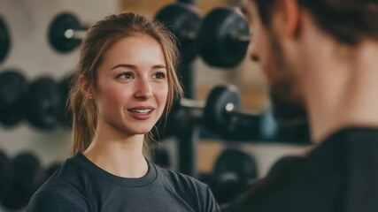 Young woman smiling at the camera in a gym setting with weights and exercise equipment in background.