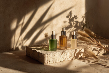 Skincare Product Photography Featuring Glass Cosmetic Bottles on a Stone Surface in Natural Light With Shadows