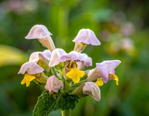 Pale purple and yellow flowers cluster with green leaves on a blurry green background in outdoor light