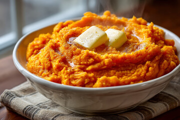 Creamy mashed sweet potatoes with melting butter, comfort food bowl in daylight