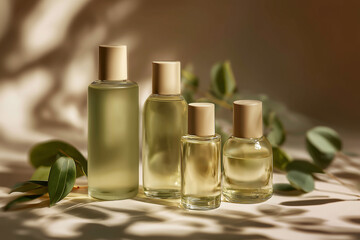 Natural Skincare Product Display With Glass Bottles and Leaves on a Surface in Soft Light
