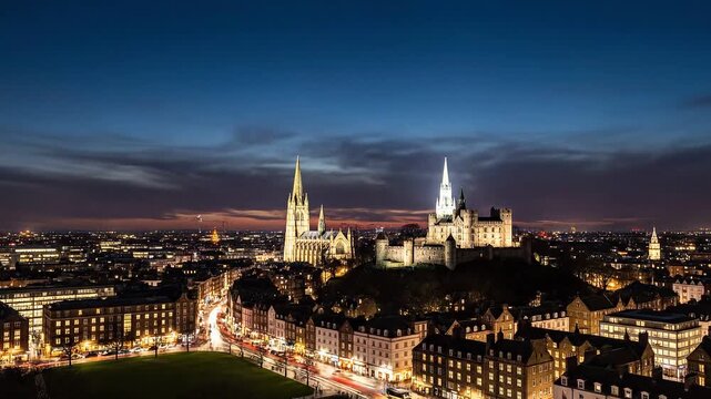 Norwich Skyline Day to Night Time-Lapse Norwich Castle 4K Video