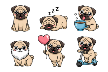 Set of six cute cartoon pug dogs performing various funny activities like sleeping drinking tea or riding scooter