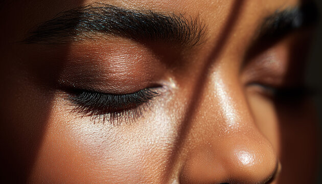 Perfect attractive Black female model woman closed eye showcasing eyebrows and eyelashes, elegant make-up cosmetic background.