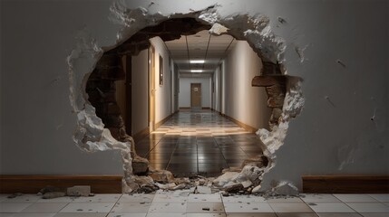 Hole in interior wall revealing corridor and room, indicating structural inspection of wall damage, breach and load path assessment.
