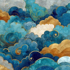 Vibrant Abstract Clouds with Rich Textures in Blue and Gold Tones