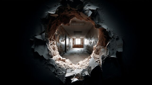 Large circular hole in drywall revealing debris and distant room, urgent wall repair needed.