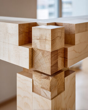 Pale maple finger joint connection with geometric blocks on bright minimal work surface
