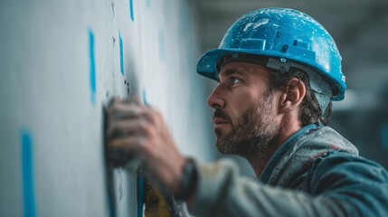 Worker using patching tool to repair drywall surface with patch compound and sanding, showing helmet, tool, and wall in close-up.