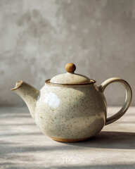 Contemporary matte ceramic teapot with wooden lid on bright stone tabletop