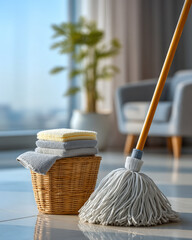 Stacked mop head and refill pads on bright spotless floor, organized interior