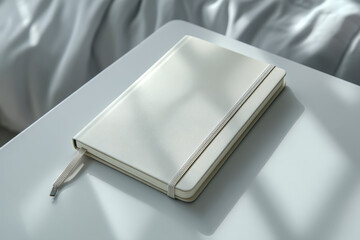 Closed blank notebook with elastic band on bright desk, minimalist modern workspace flat lay