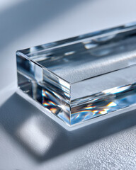 Clear acrylic slab on white with soft reflections and subtle caustic light patterns