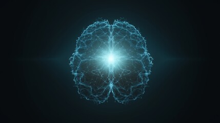 Minimal artificial intelligence concept shows faint blue brain with network connections and light