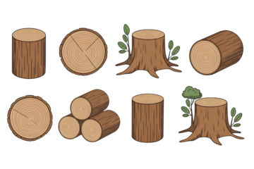 Set of wood logs and tree stumps collection on transparent background wood industry forestry material design