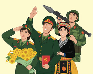 Vietnamese Soldiers and Ethnic Minority Woman in Patriotic Propaganda Style Illustration