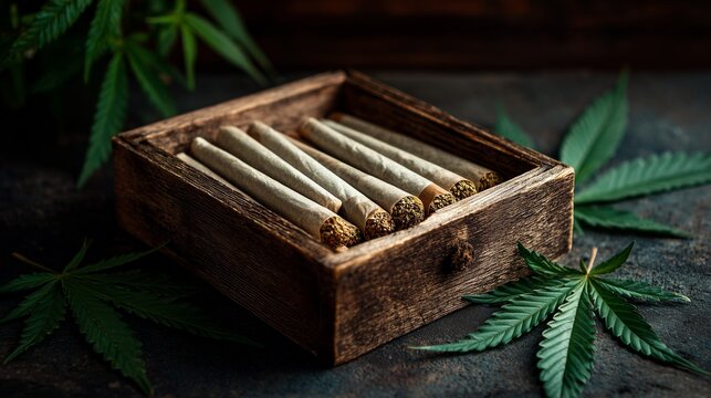 Hand-rolled cannabis joint in vintage wooden box with cannabis leaf, conveying recreational use and herbal culture.