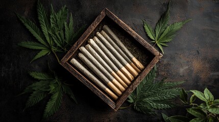 Pre rolled cigarette arranged in rustic wooden box with cannabis leaf, evoking artisan preparation and natural recreational use.