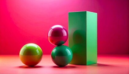 Colorful spheres and upright green rectangular prism on gradient red-to-pink background with playful geometric arrangement.