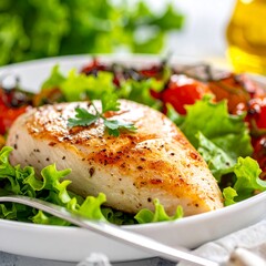 Pan-seared chicken breast atop lettuce & blistered tomatoes on a white plate. Glistening oil bottle in the background