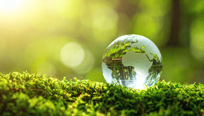 A crystal world globe resting among green moss in a sunlit environment. Green nature background with text space and bokeh effect. Concept climate awareness, earth systems balance, conscious travel