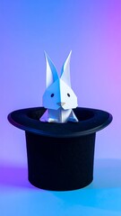 Paper bunny peeks from black top hat, bathed in blue/purple light, against soft background