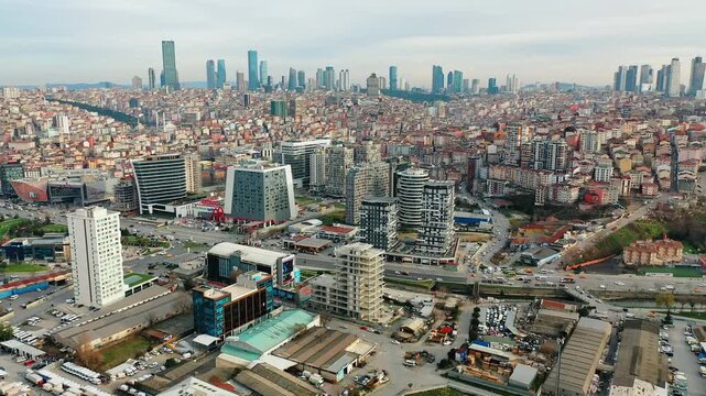Istanbul Kagithane aerial view of Cendere Street with modern buildings and heavy traffic. Cinematic drone flight over the business valley district.