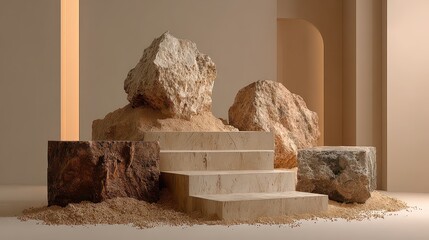 Minimalist Presentation Stage with Granite Steps and Irregular Golden Rock Clusters in Neutral Tones Against Soft Beige Background