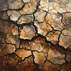 Parched earth reveals intricate patterns with deep fissures and warm earthy tones filling the frame