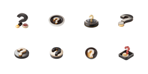 Collection of assorted three dimensional glossy question mark icons featuring various metallic and contrasting color accents on transparent background
