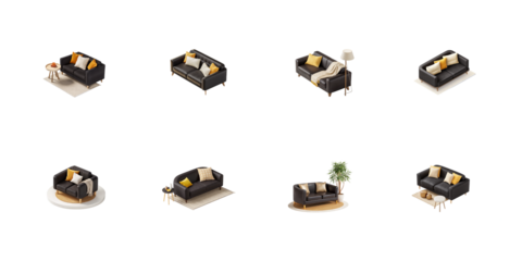 Collection of isometric dark leather two-seater sofas with various decorative accents on transparent background
