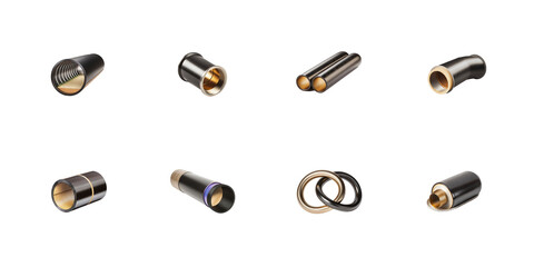 Collection of precision machined metal pipe fittings and connecting rings rendered realistically on transparent background