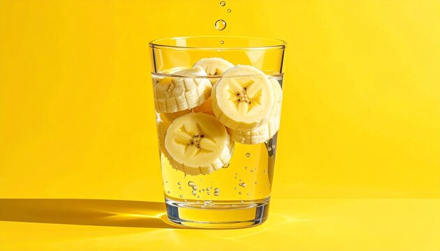 Clear glass of water with banana slices and droplets against bright yellow background