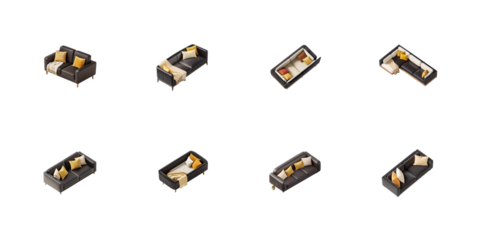 Collection of eight different isometric views of modern dark leather sofas featuring yellow accent pillows on transparent background