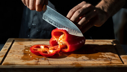 Closeup of a chefs hands slicing a vibrant red bell pepper on a rustic wooden cutting board.