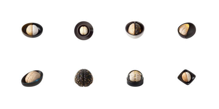 Collection of symbolic representations featuring a stylized human brain model displayed in various conceptual containers on transparent background - Powered by Adobe