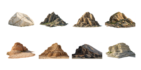 Collection of diverse geological rock formations and stone assets featuring various textures and erosion patterns on transparent background