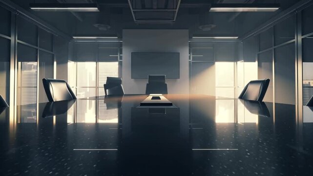 4K cinematic stock video, empty office meeting room after meeting, slow-motion, papers scattered polished table, digital screens glowing coffee cups sunlight streaming blinds, floating dust particles