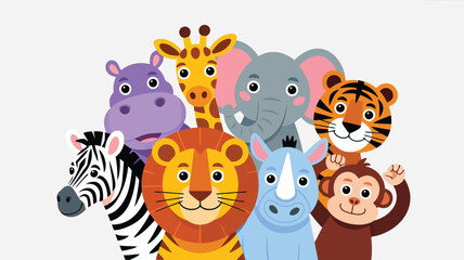 Fototapeta premium Adorable cartoon safari animals including a lion zebra and elephant pose together with joyful smiles